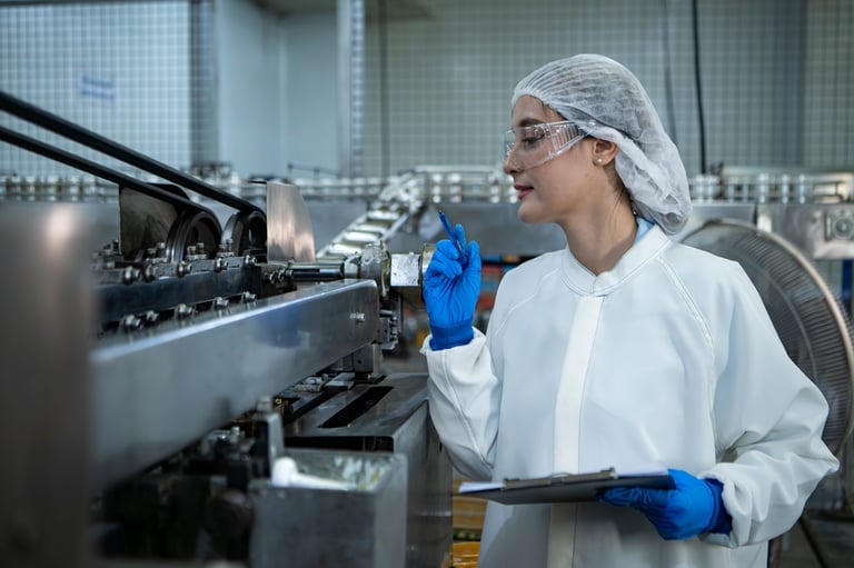 Food scientist inspecting canned fish production line